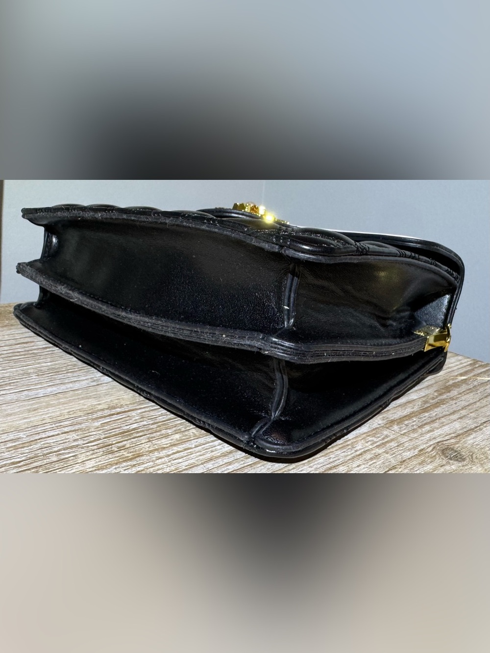 White and Black Quilted Top-Handle Bag with Gold Emblem - Picture 7 of 11